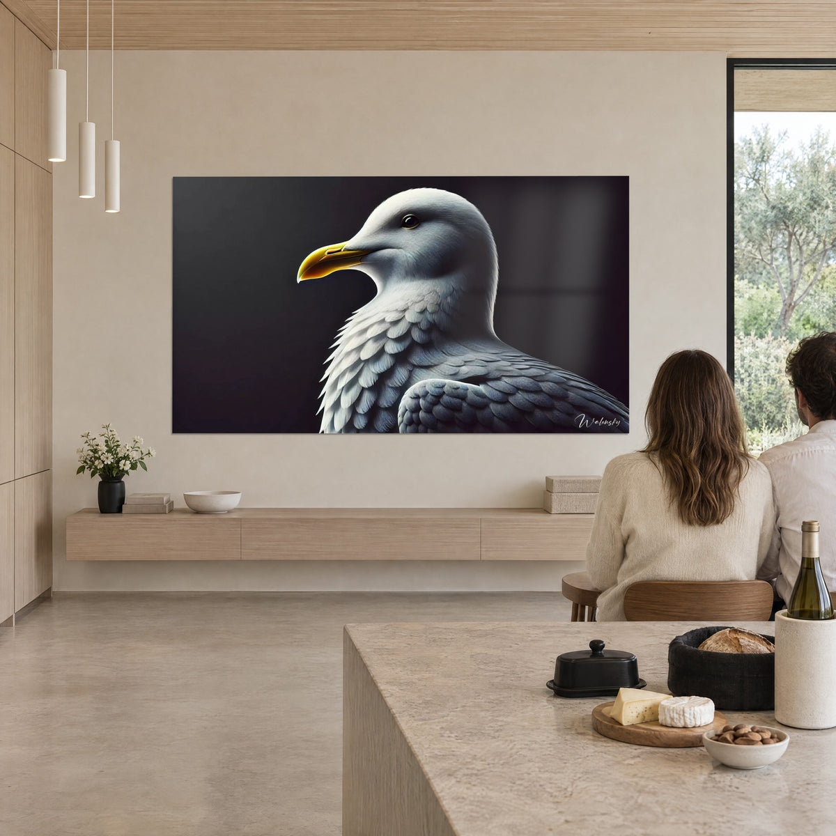 Schilderij zeevogel in profiel, kraag van witte veren en blauwgrijze vleugels, tegenover een keukentafel van licht steen
