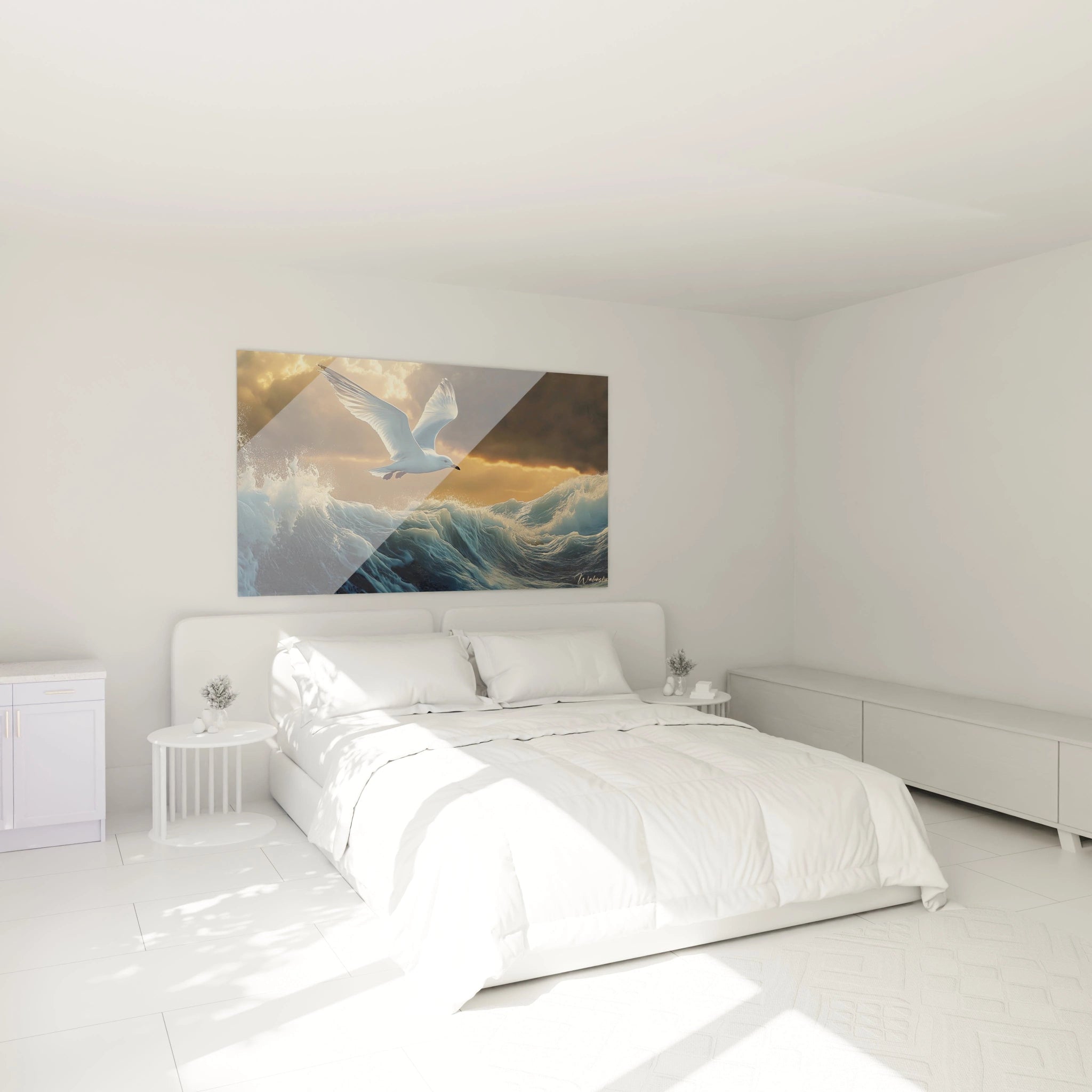 Un tableau mouette en vol majestueux capturant un oiseau marin blanc survolant une mer agitée aux vagues écumeuses. Contraste saisissant entre le bleu profond de l'océan et le ciel ambré, avec des textures hyperréalistes des plumes et de l'eau.
