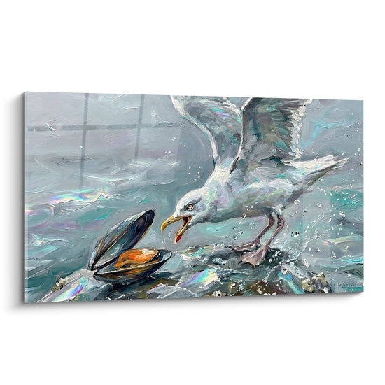 Schilderij Zwarte Mossel en Meeuw in Glanzende Grijze Golven - Zee Festijn - Moule Editie