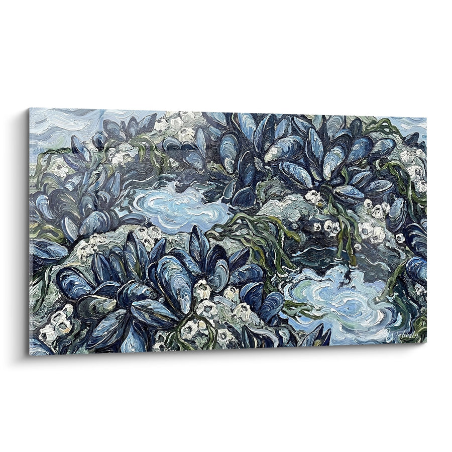 Tableau Moules bleues sur rochers marins avec algues vertes et embruns - Symphonie océanique - Edition Moule