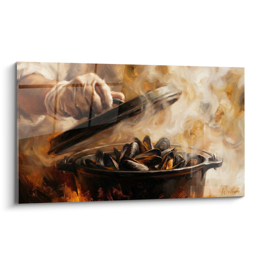 Tableau cuisson de moules dans marmite fumante aux tons dorés - Saveurs Marines - Edition Moule