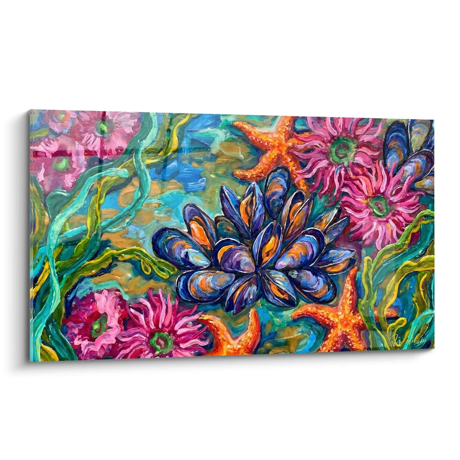 Tableau Univers Marin Vibrant Moules Bleues et Anémones Roses - Explosion Sous-Marine - Edition Moule
