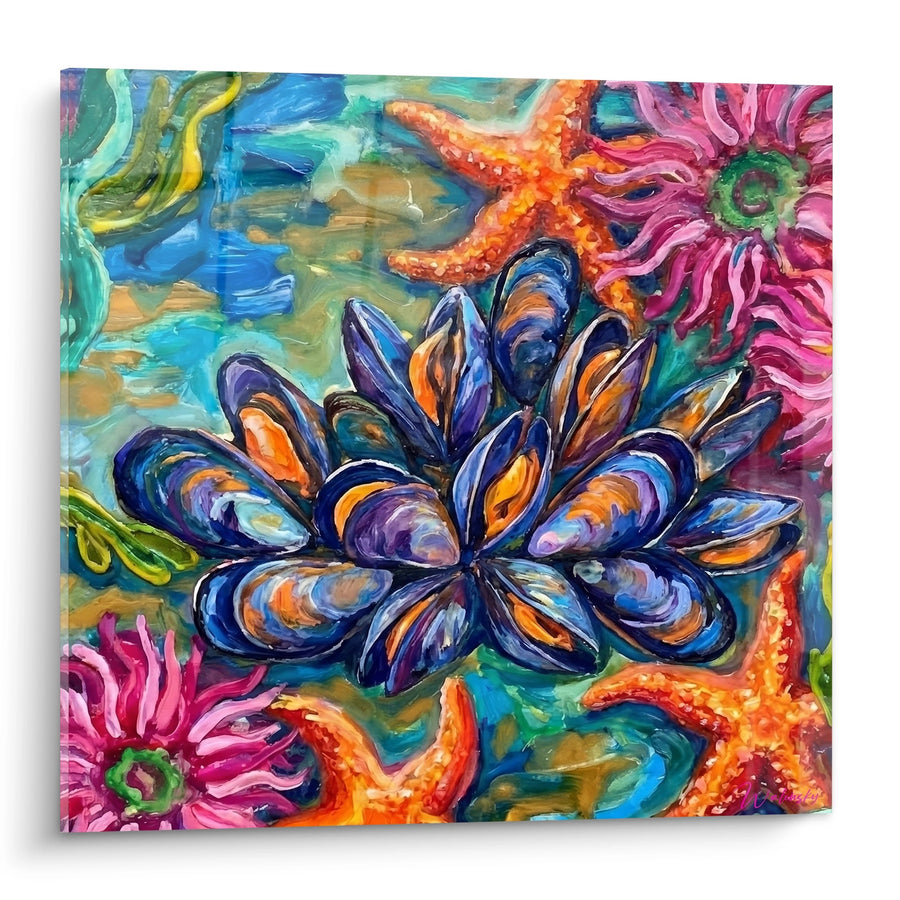 Tableau Moules Bleues et Étoiles de Mer Orange sur Fond Aquatique Multicolore - Symphonie Marine - Edition Moule