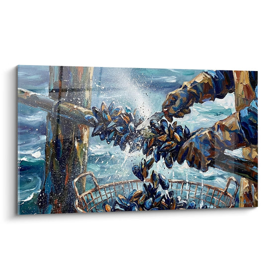 Schilderij Schelpen Zeeën Op Rotsen Met Sproeierend Water - Oceaanpracht - Editie Schelp