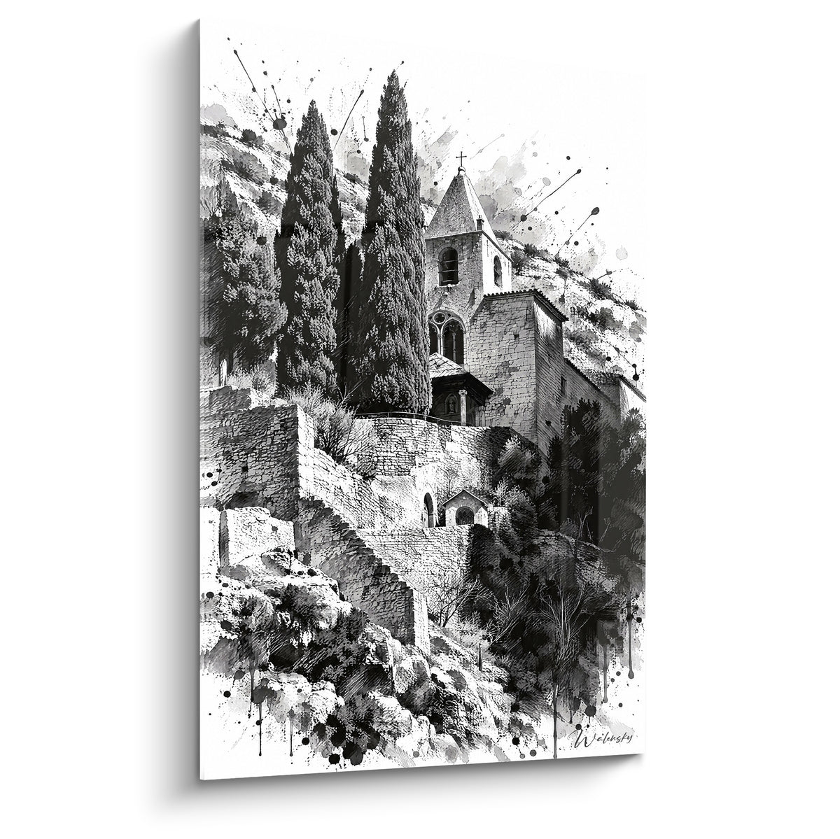 Chapelle Moustiers-Sainte-Marie en encre noire et blanche, cyprès et escalier de pierre