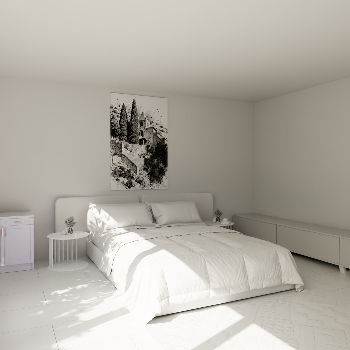 Clocher provençal anthracite et cyprès noirs, accroché au-dessus d'un lit dans une chambre claire