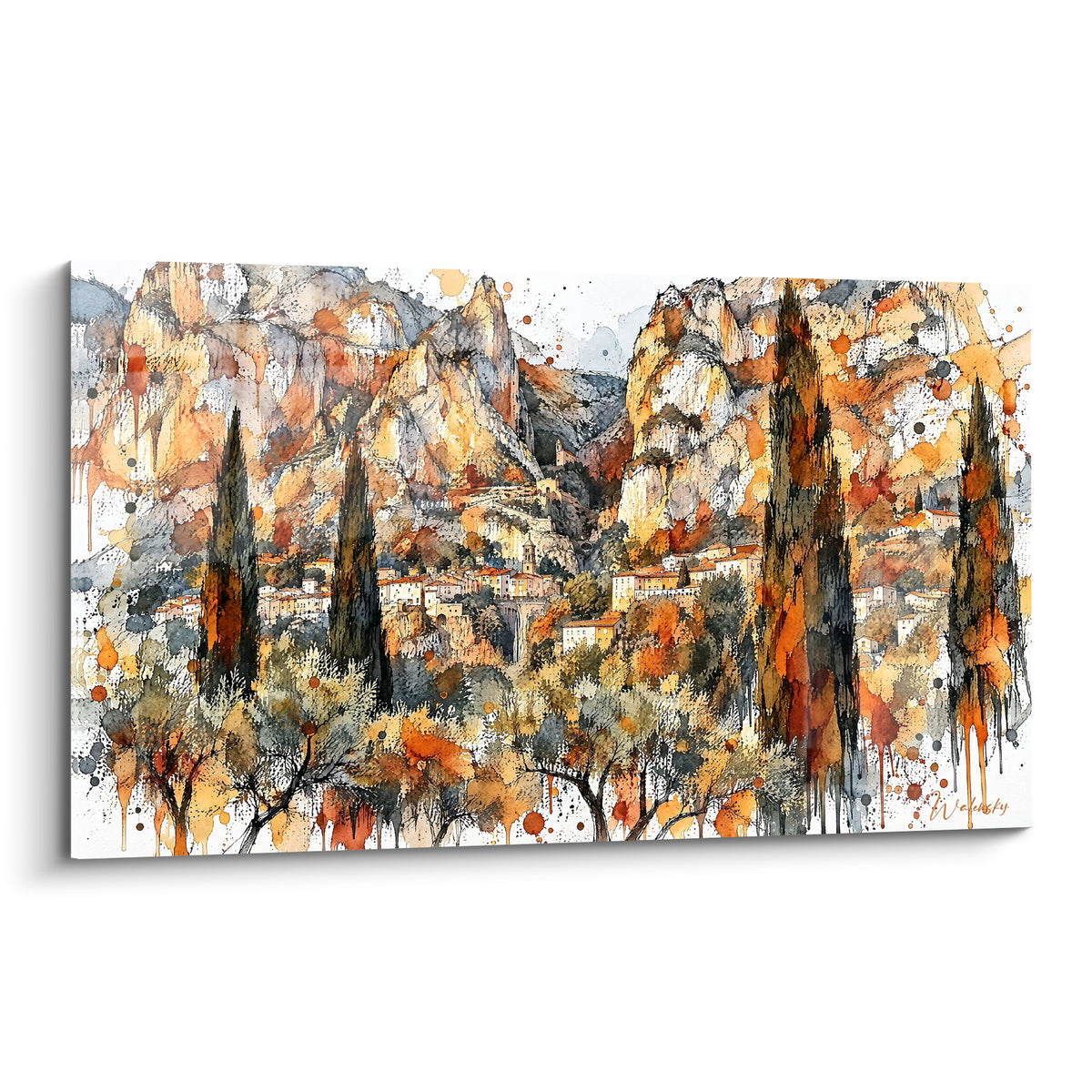 Village provençal aux falaises ocre et cyprès anthracite, aquarelle vive sur fond blanc