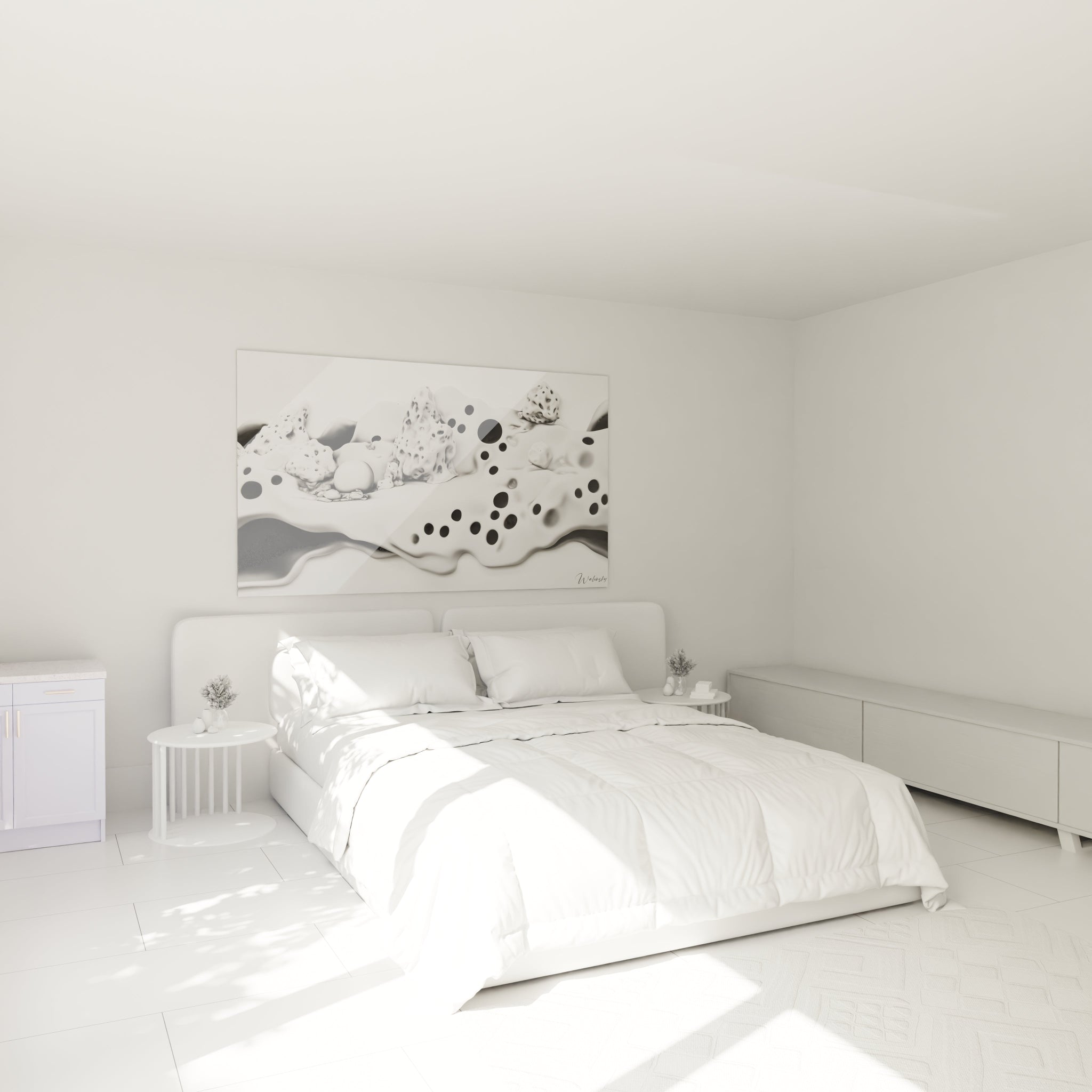 Tableau tacheté noir et blanc de Walensky accroché au mur d'une chambre moderne