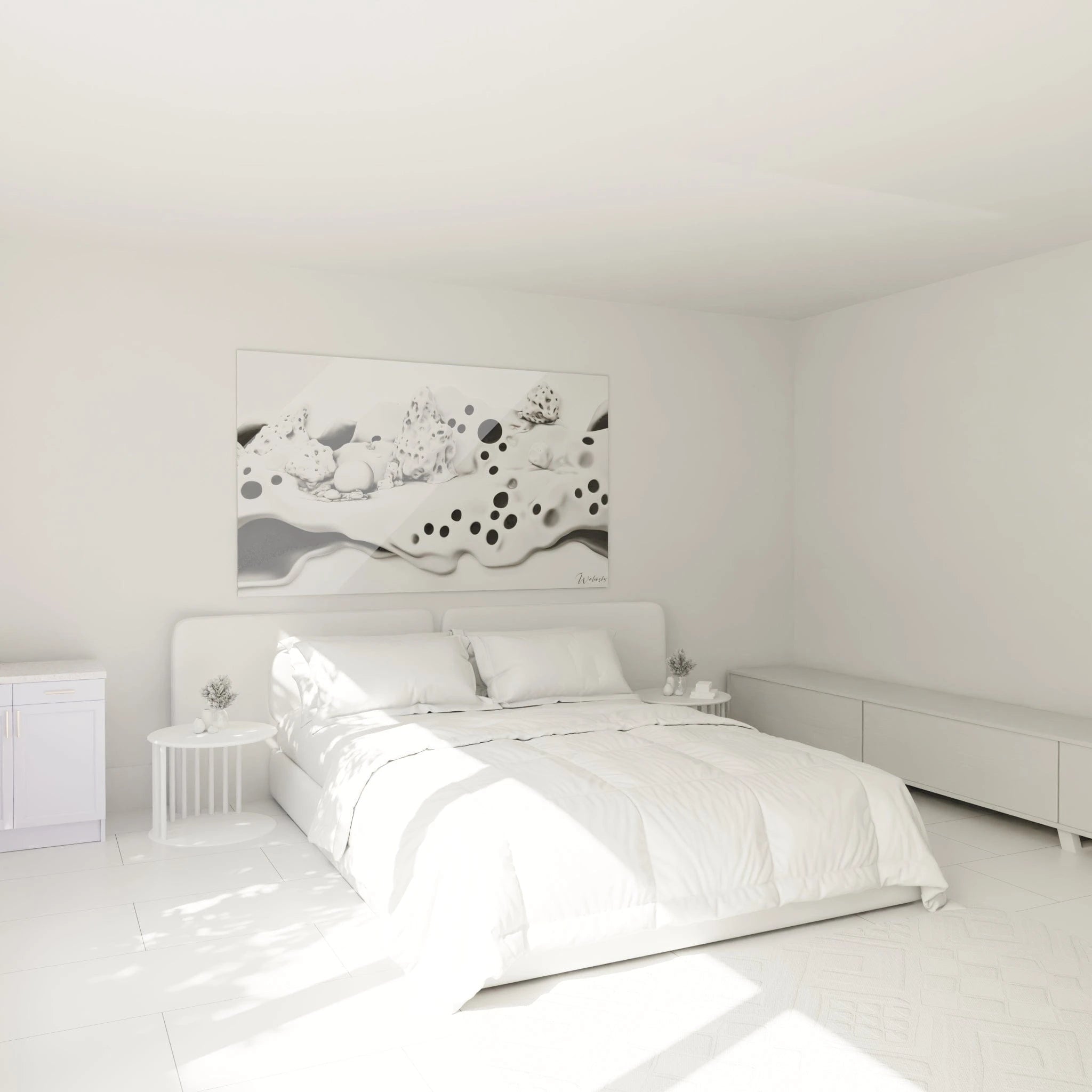 Tableau tacheté noir et blanc de Walensky accroché au mur d'une chambre moderne