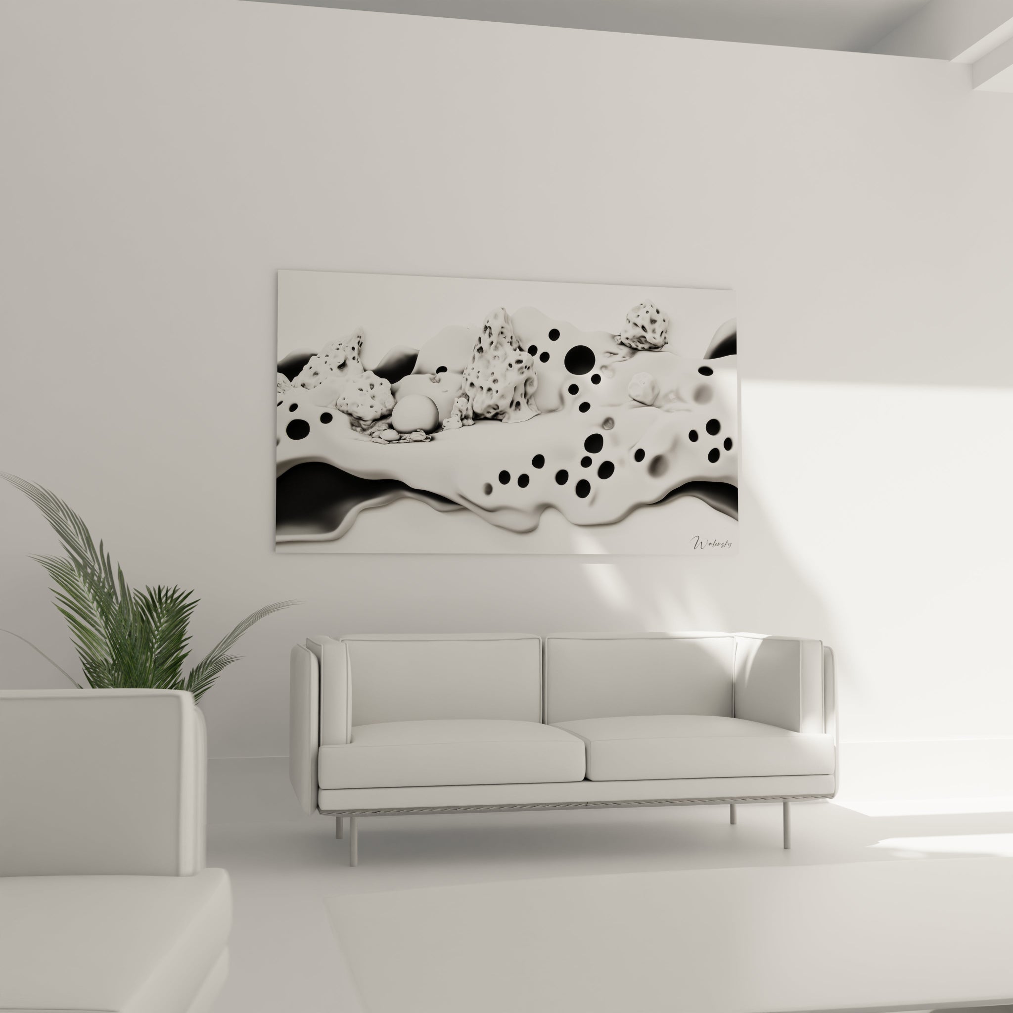 Tableau tacheté noir et blanc de Walensky, décoration murale contemporaine dans un salon moderne
