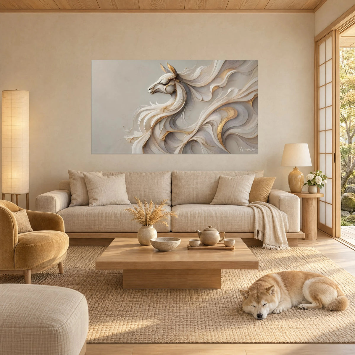 Tableau lama sculpté en volutes ivoire et or, crinière en vagues, Shiba endormi, au-dessus d'un canapé dans un salon lumineux