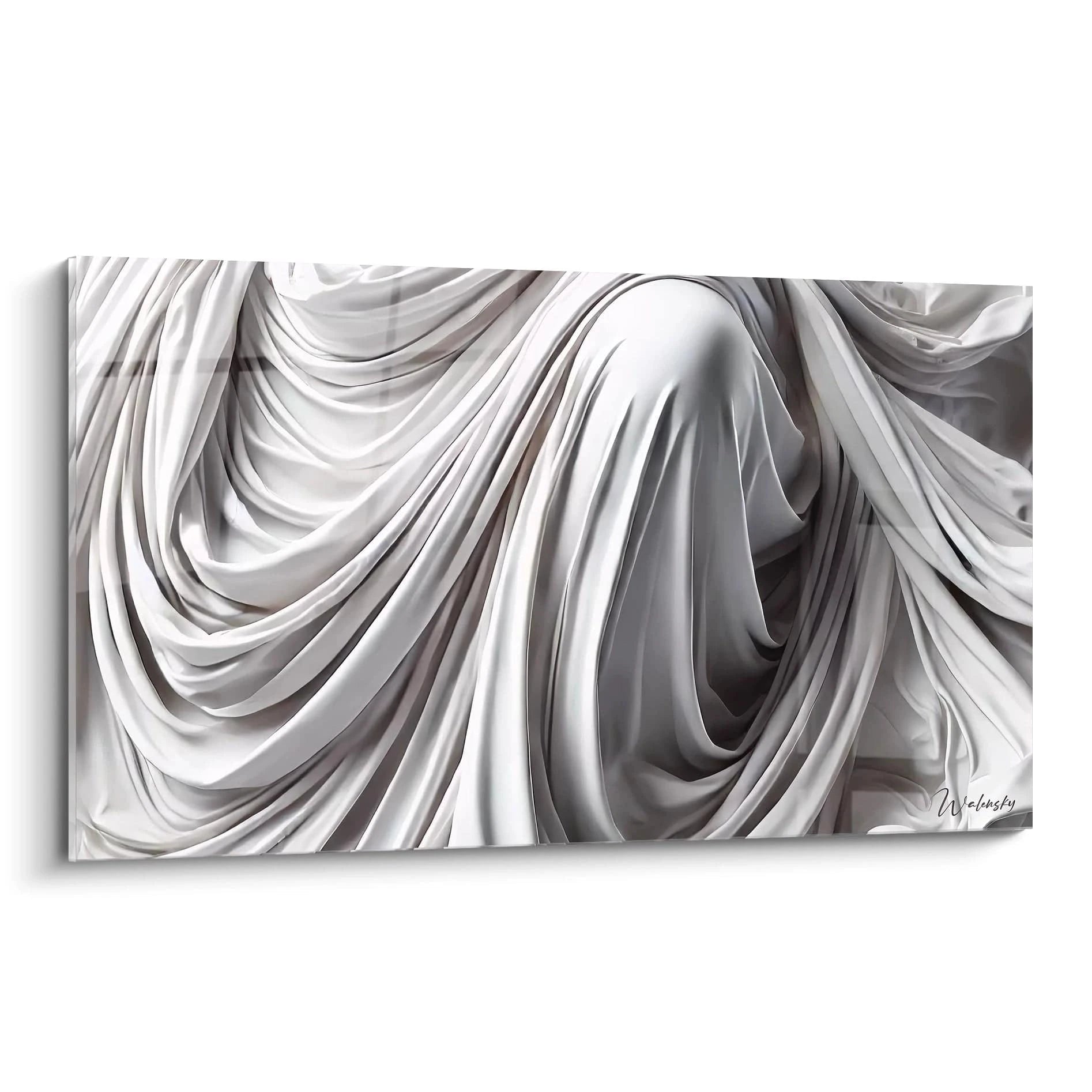 tableau minimaliste abstrait vu de biais montrant la fluidite des lignes et des plis sculpturaux tons neutres blancs gris et argent evoquant serenite et purete illusion de mouvement subtil et mystere epure

