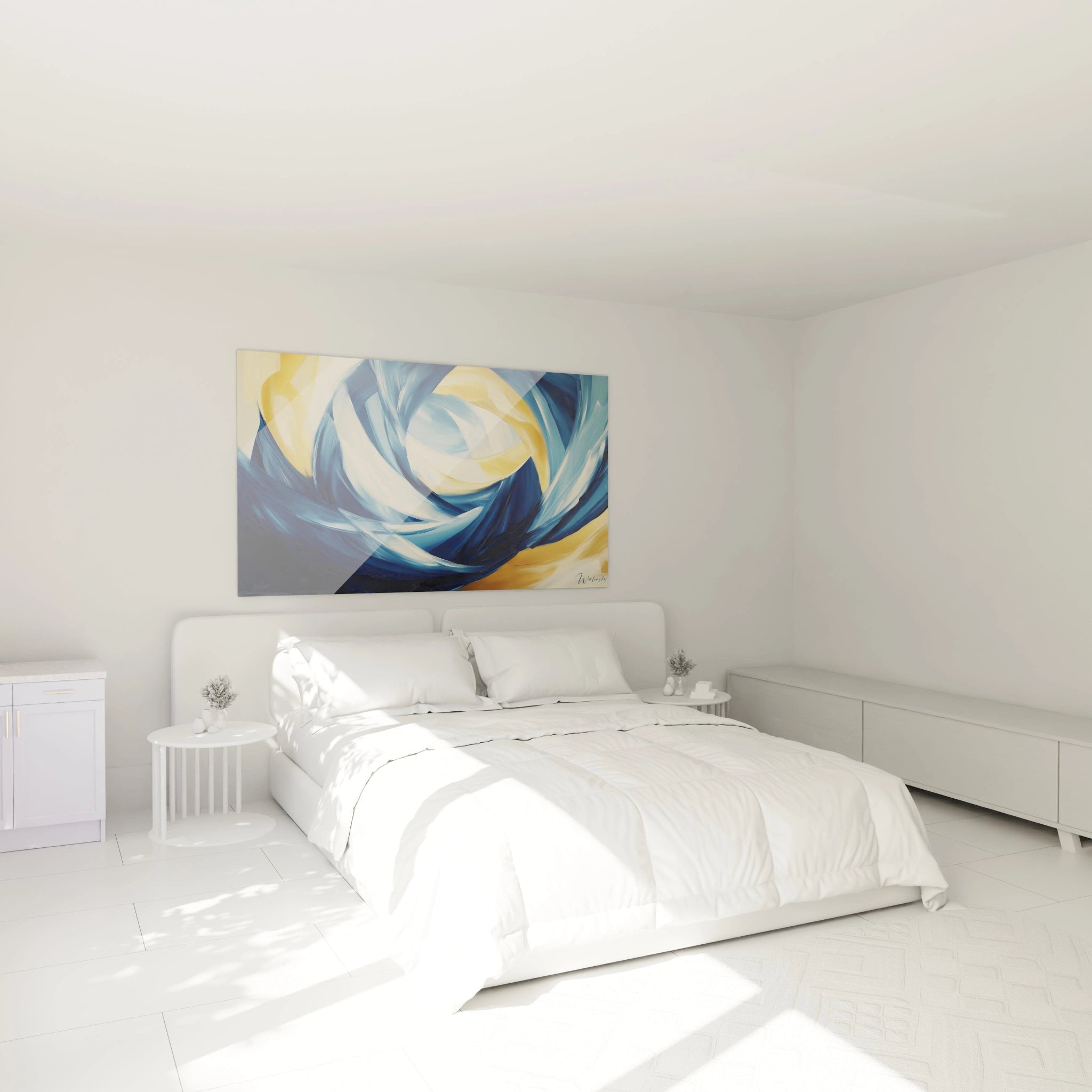 Un tableau abstrait spirale dynamique présentant des courbes fluides bleues marines et azur qui s'entrelacent avec des traits jaunes lumineux, formant un motif tourbillonnant central aux textures variées et aux transitions douces.
