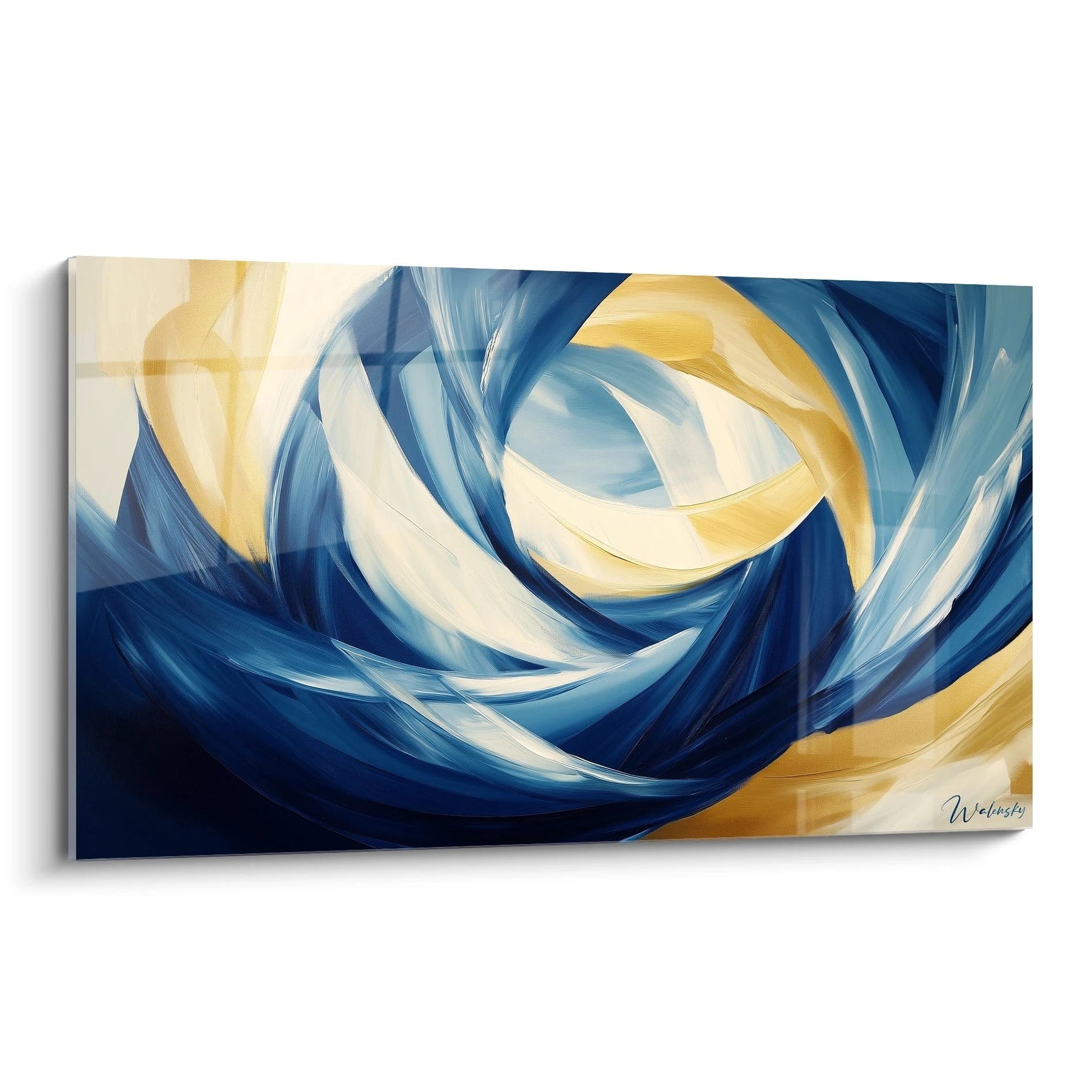 Un tableau abstrait spirale aux couleurs entrecroisées, composé de tourbillons bleus profonds et bleus clairs contrastant avec des touches de jaune doré sur fond blanc, créant un effet de mouvement perpétuel et de profondeur infinie.
