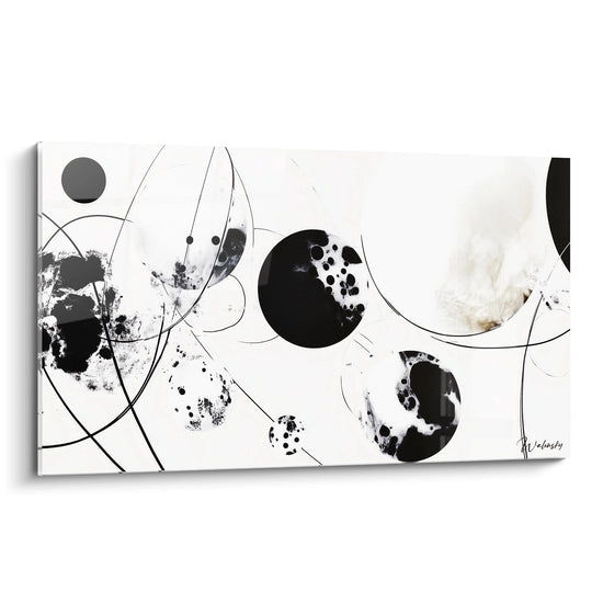 Tableau tacheté noir et blanc de Walensky avec des motifs abstraits et des cercles variés