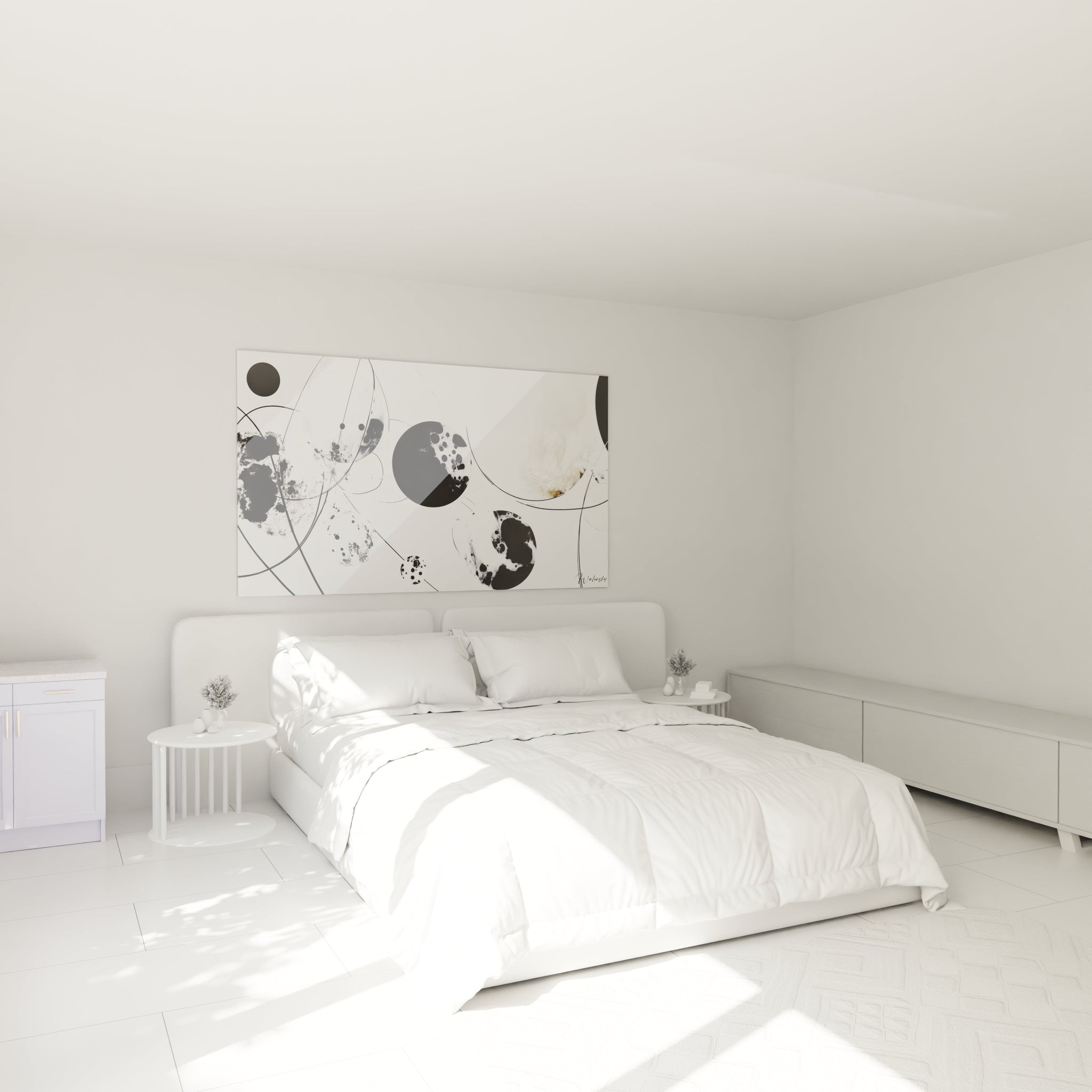 Tableau tacheté noir et blanc de Walensky au-dessus d'un lit moderne dans une chambre lumineuse