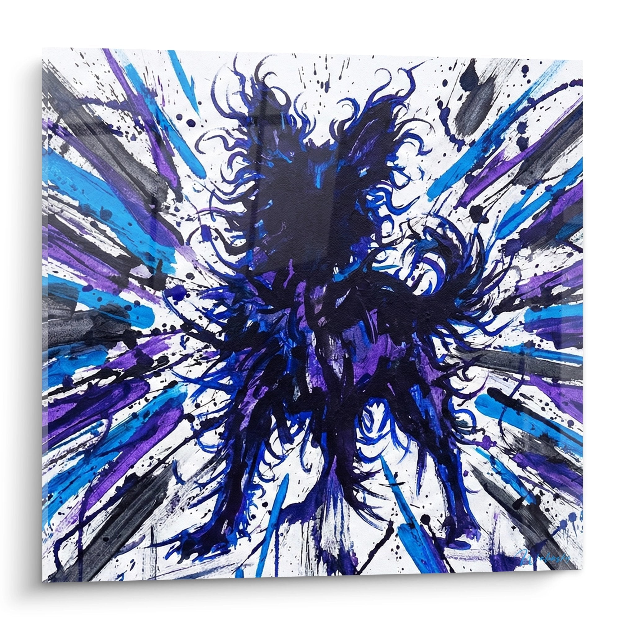 Tableau artistique Mudi berger hongrois en mouvement avec explosion de couleurs bleues et violettes sur fond blanc