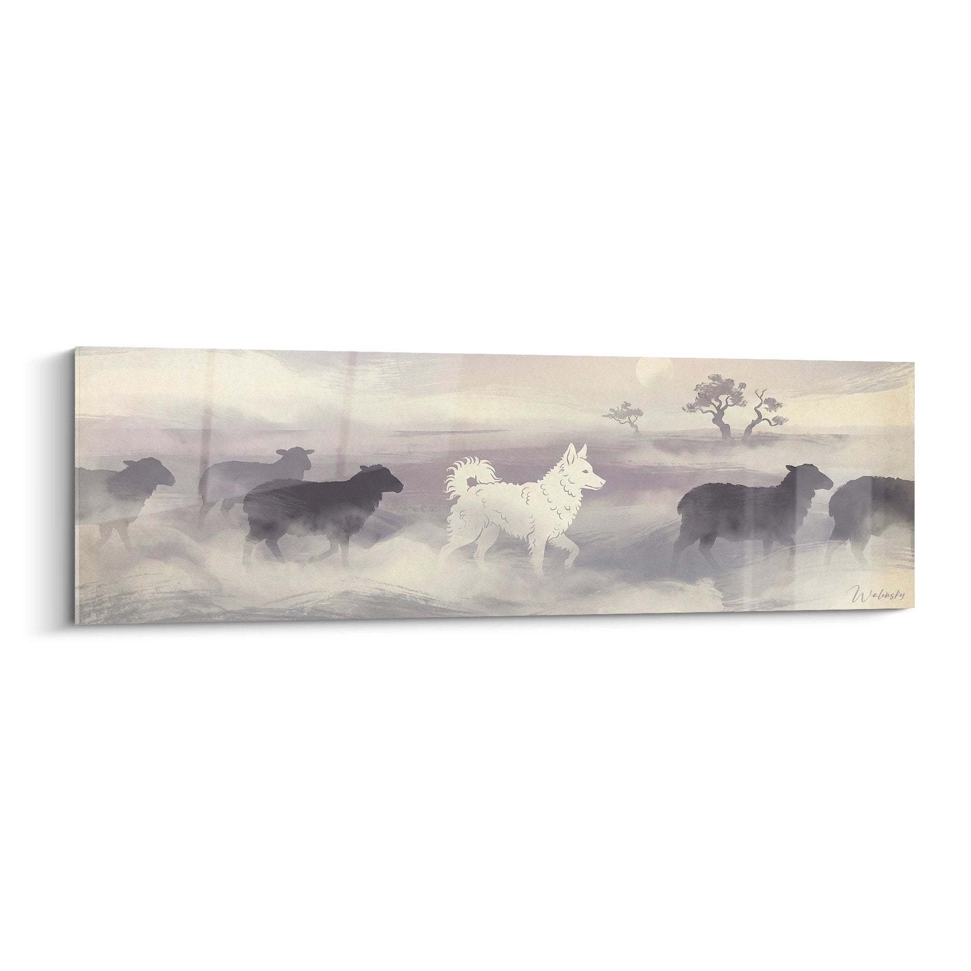 Panoramic Mudi white running in herd dark silhouettes misty atmosphere beige tones Mudi Edition