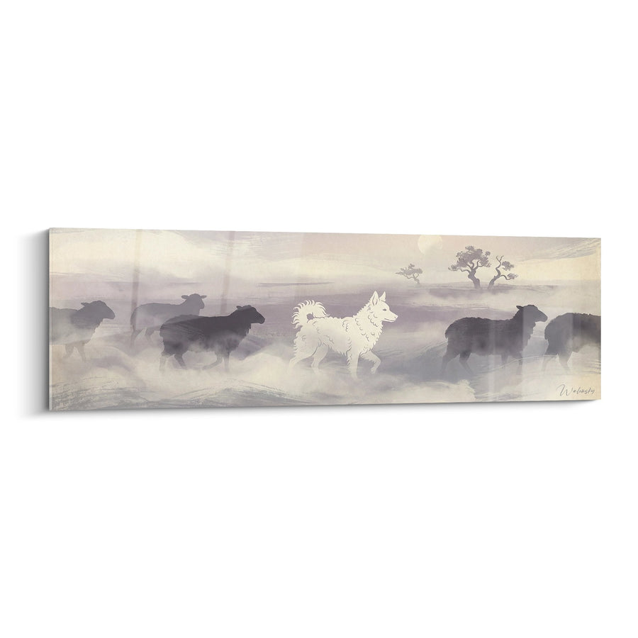 Tableau Mudi blanc courant dans un troupeau de silhouettes - Instinct de berger - Edition Mudi