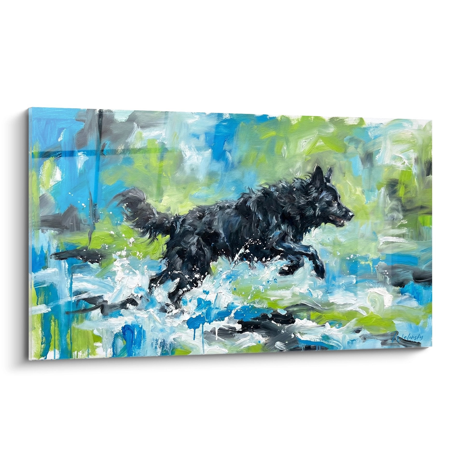 Tableau peinture Mudi noir bondissant dans éclaboussures eau bleue verte style expressionniste