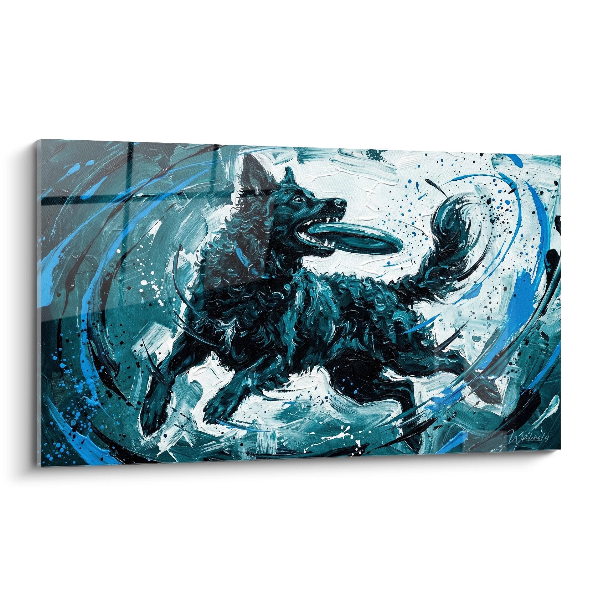 Tableau Mudi bondissant dans vagues turquoise et bleues avec eclaboussures aquatiques dynamiques