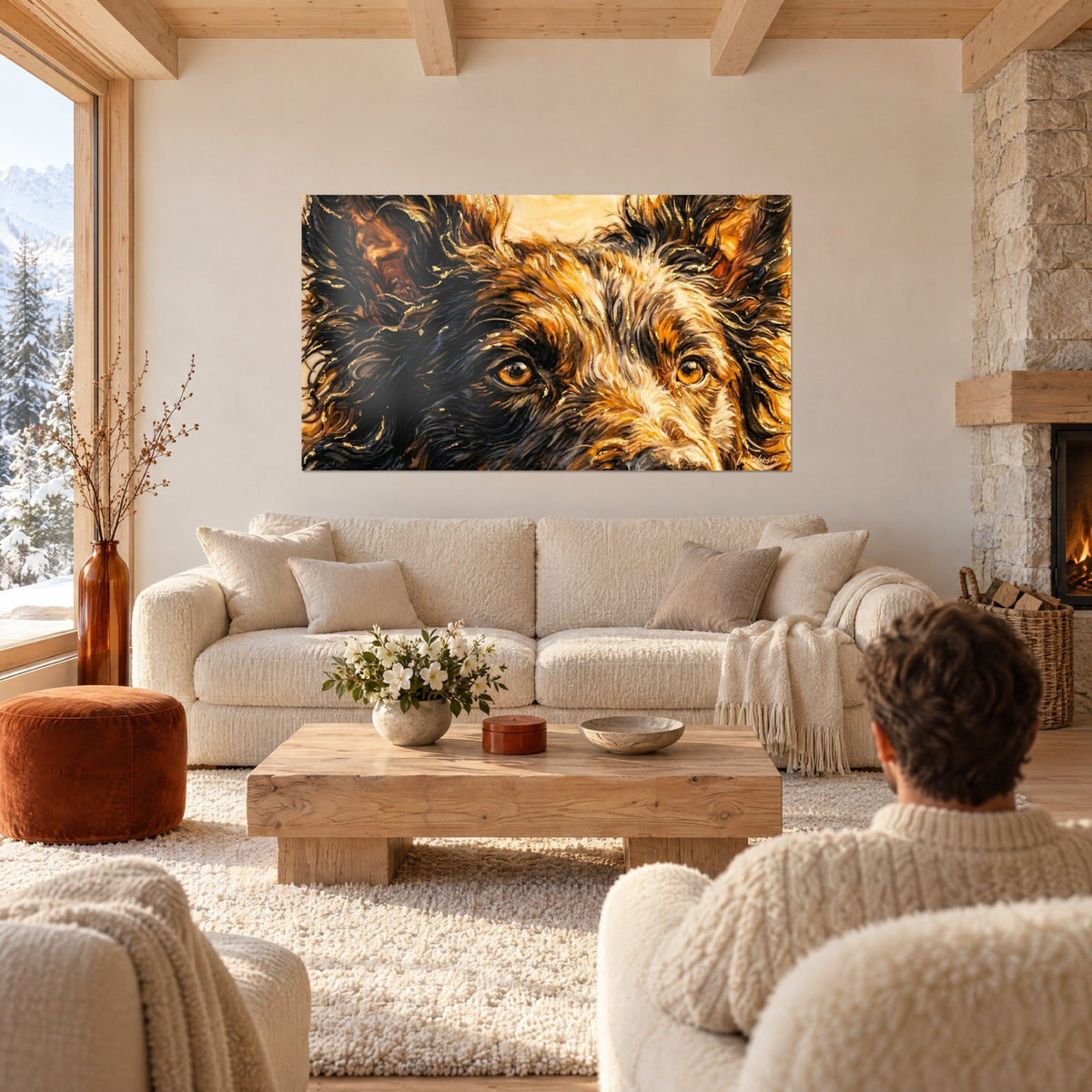 Schilderij Mudi-hond met amberkleurige ogen, zwart en okerkleurig vacht, gouden highlights, boven een bank in een lichte woonkamer