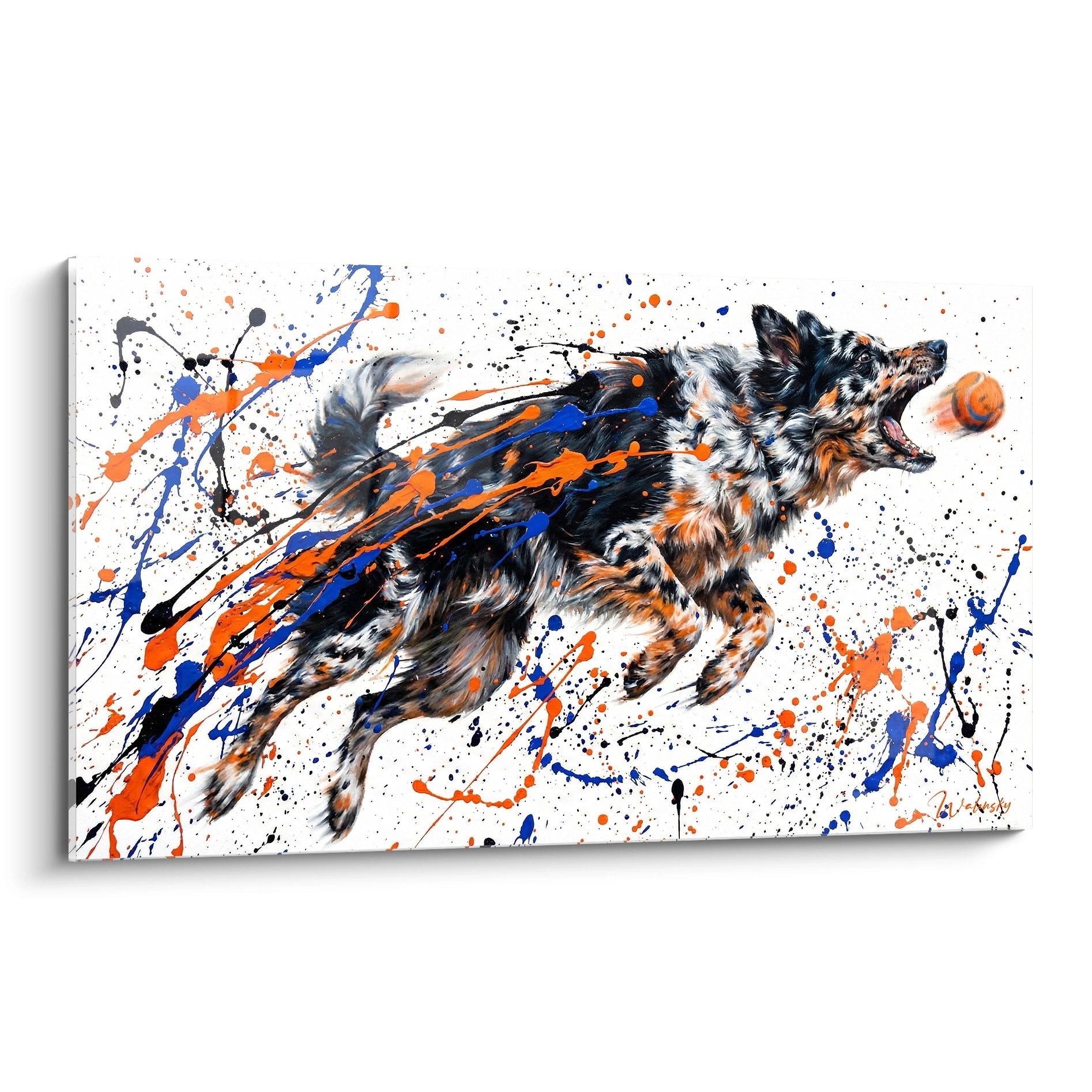 Tableau mural mudi en course avec eclaboussures bleues orange sur fond blanc style contemporain