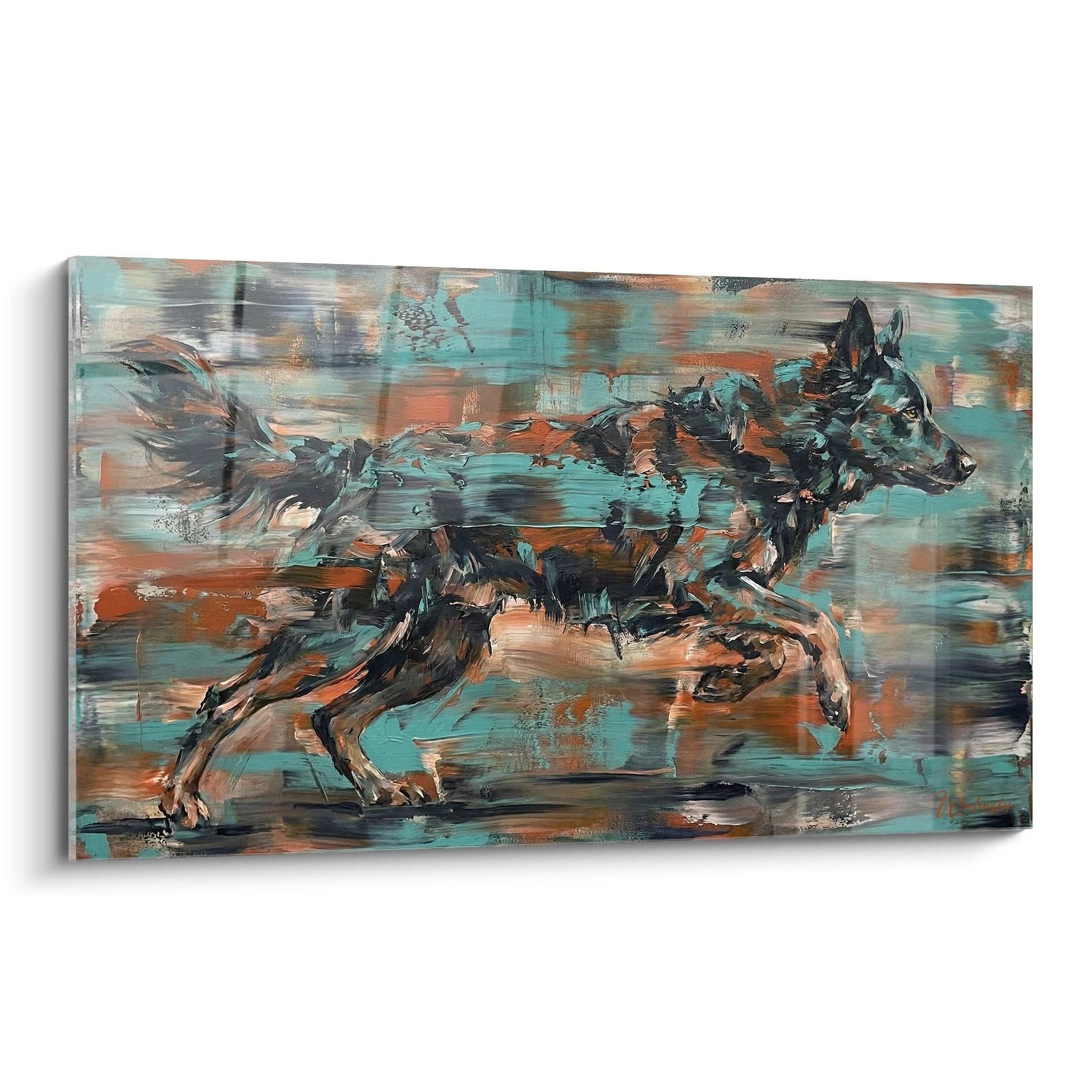 Tableau moderne Mudi en course aux couleurs turquoise et orange, peinture expressive mouvement dynamique