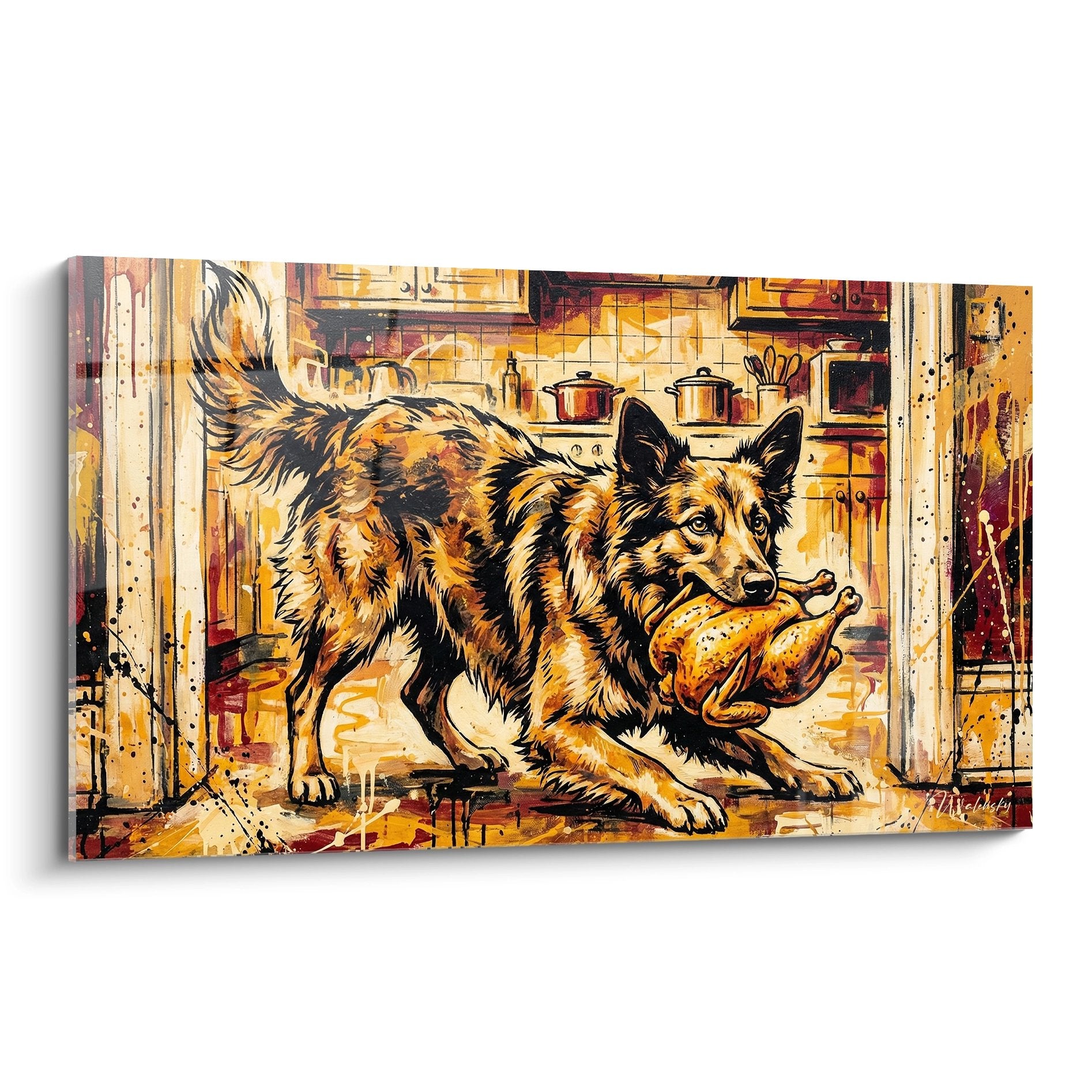 Tableau Mudi aux tons dorés tenant un pain dans cuisine rustique avec coulures artistiques dorées