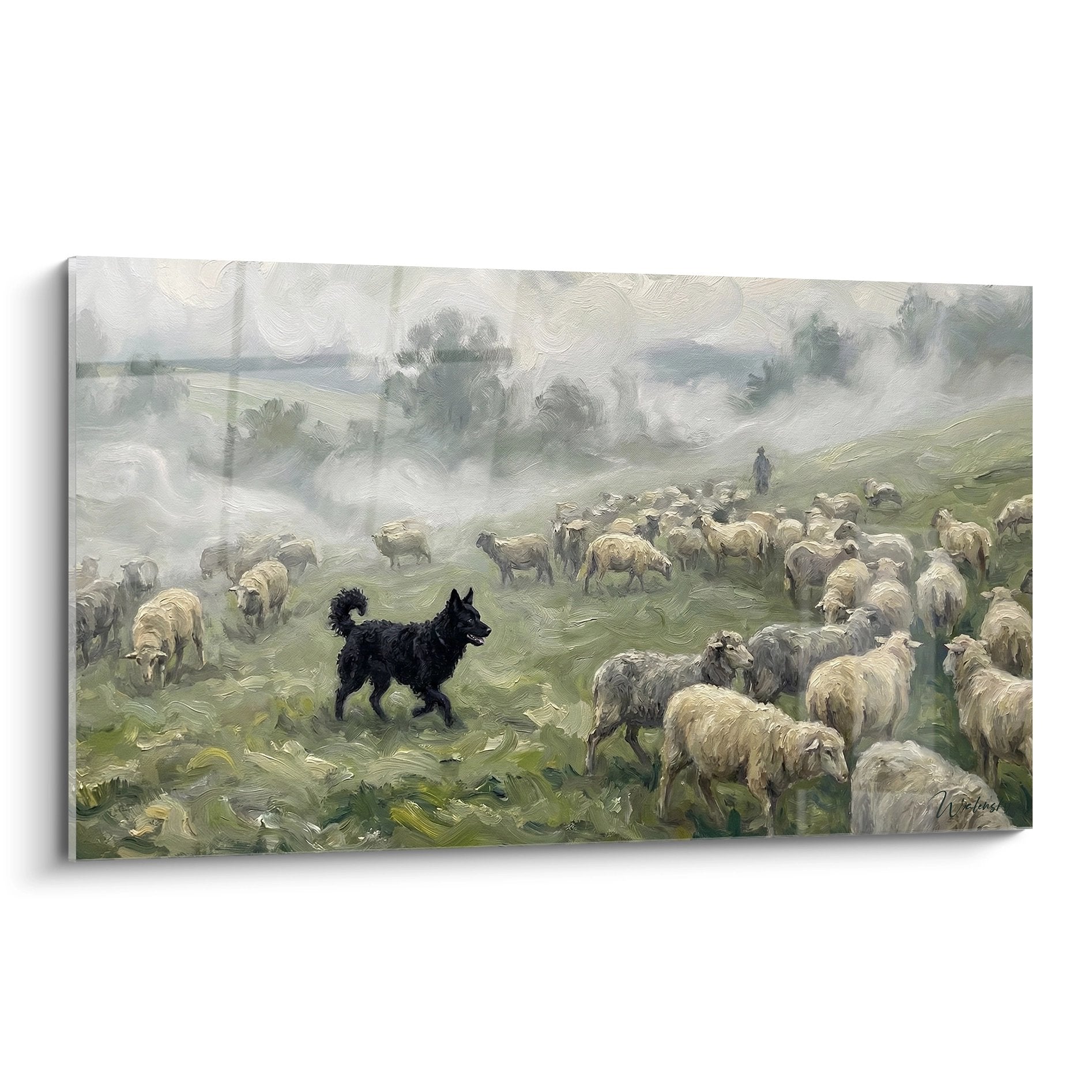 Tableau Mudi noir gardant troupeau moutons blancs dans pâturage brumeux - Style pastoral impressionniste Edition Mudi