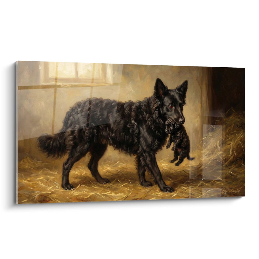 Tableau Mudi noir frisé avec chiot dans bergerie éclairée - Instinct maternel - Edition Mudi