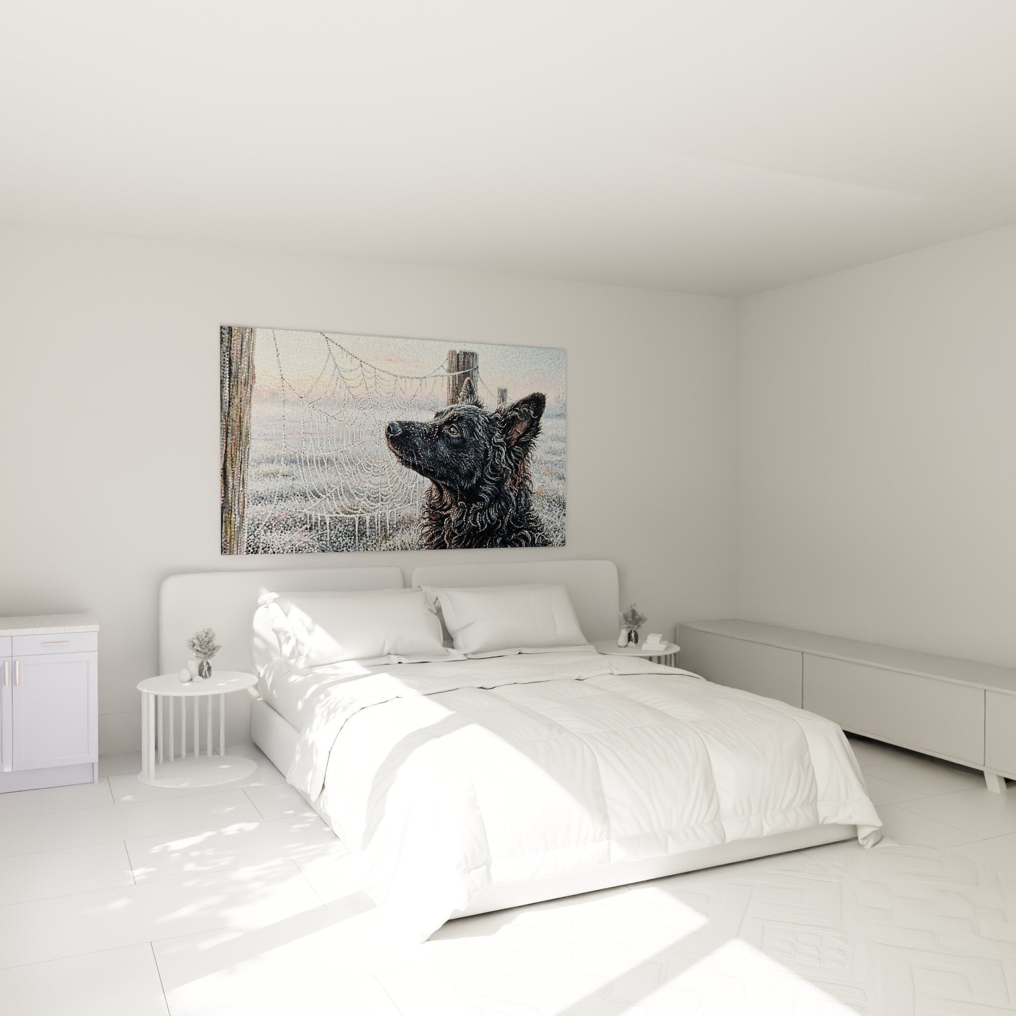 Mudi Spider Web Canvas in Bedroom Wall Decoration Black Dog Dew