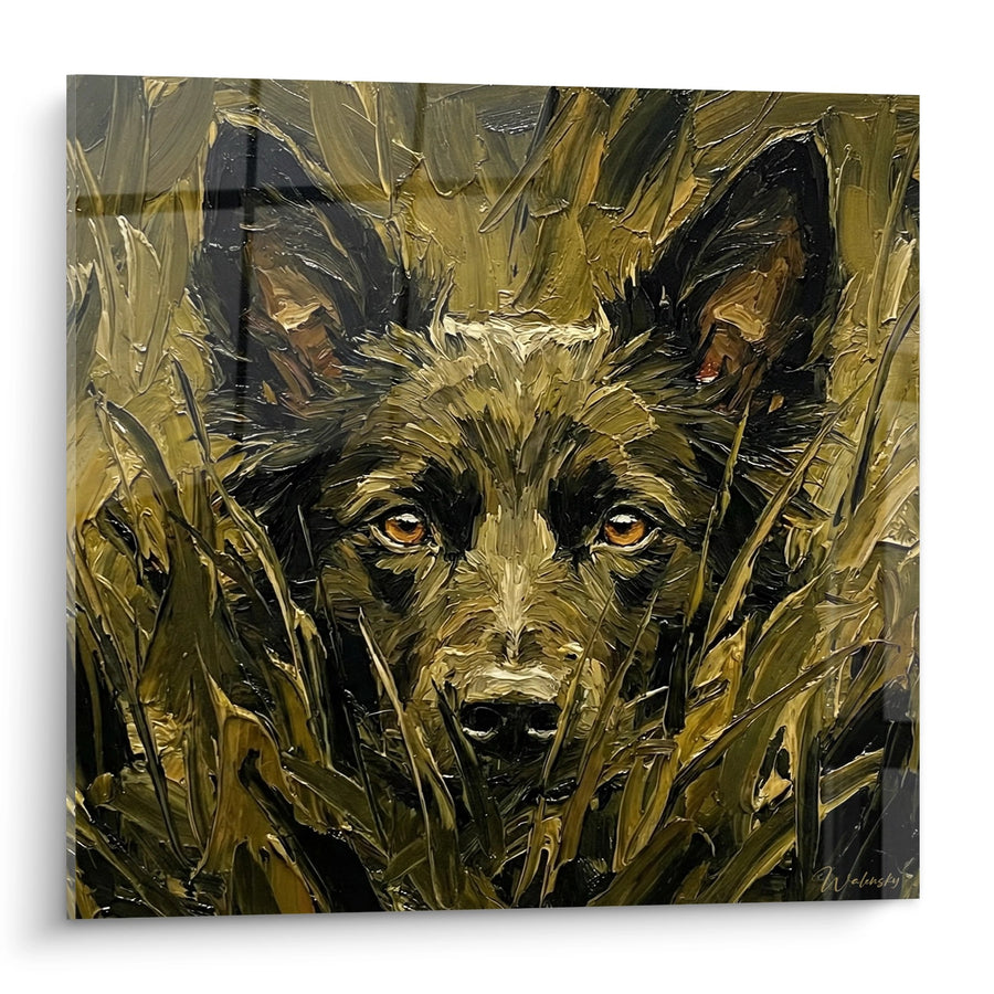 Tableau Mudi aux reflets dorés émergeant des herbes - Intensité sauvage - Edition Mudi