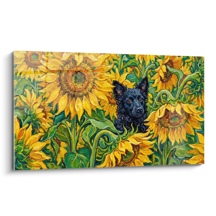 Tableau Mudi aux Yeux Ambrés parmi les Tournesols Éclatants Style Impressionniste - Éclat Champêtre - Edition Mudi