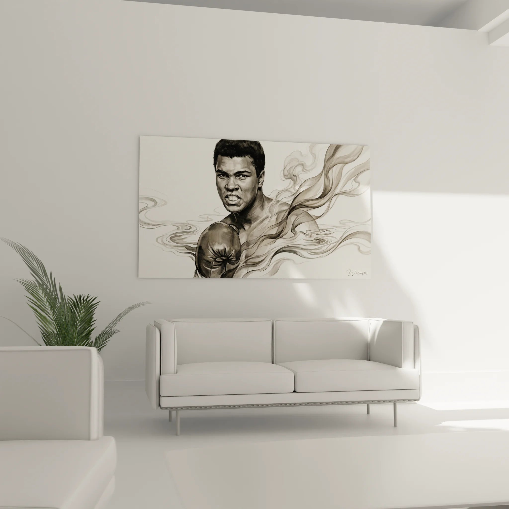 Gros plan tableau Muhammad Ali détails portrait boxe technique artistique fumée gants champion
