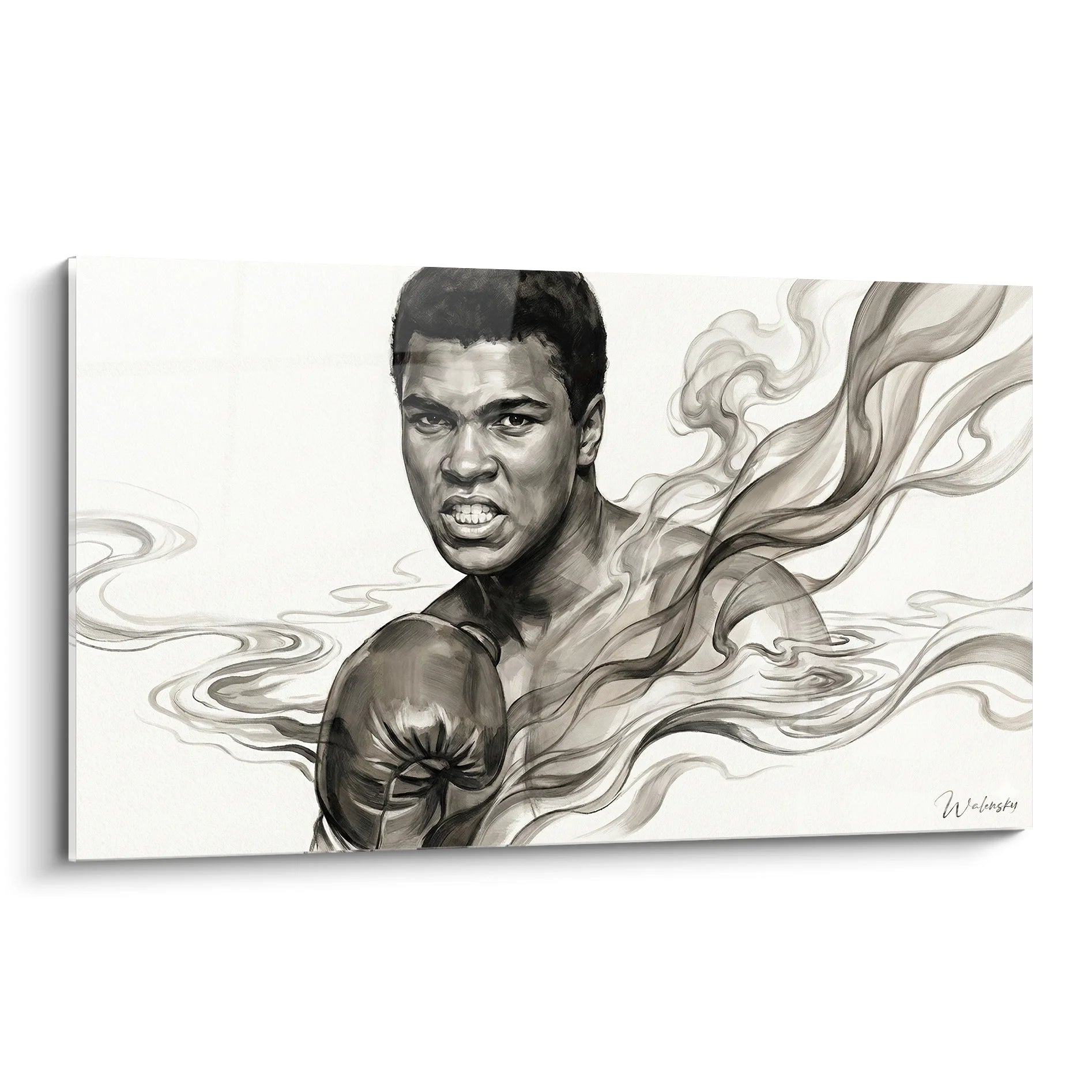 Tableau Muhammad Ali portrait artistique boxe gants fumée art mural champion légende sport combat