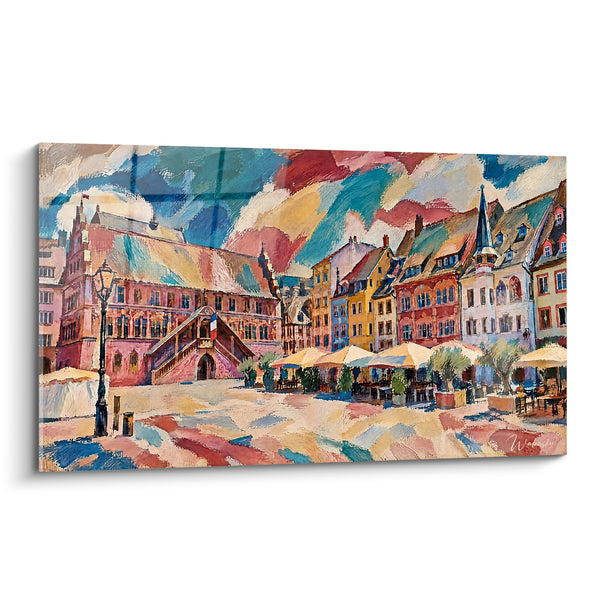 Tableau Place de l'hôtel de ville aux teintes roses et bleutées - Flânerie estivale - Edition Mulhouse Grand Est France