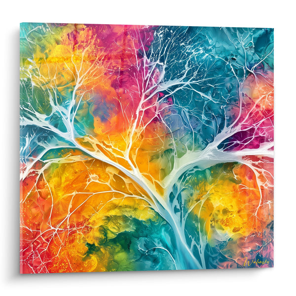 Tableau Arbre blanc aux fonds orange et turquoise - Sève lumineuse - Edition Multicolore abstrait