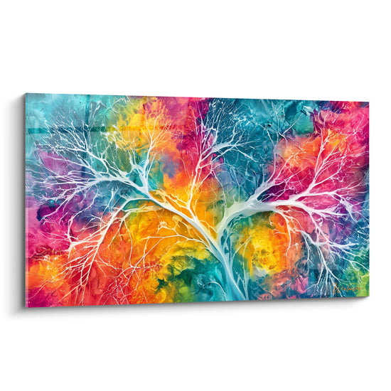 Arbre stylisé aux branches blanches sur fond multicolore turquoise, orange et rose éclatant