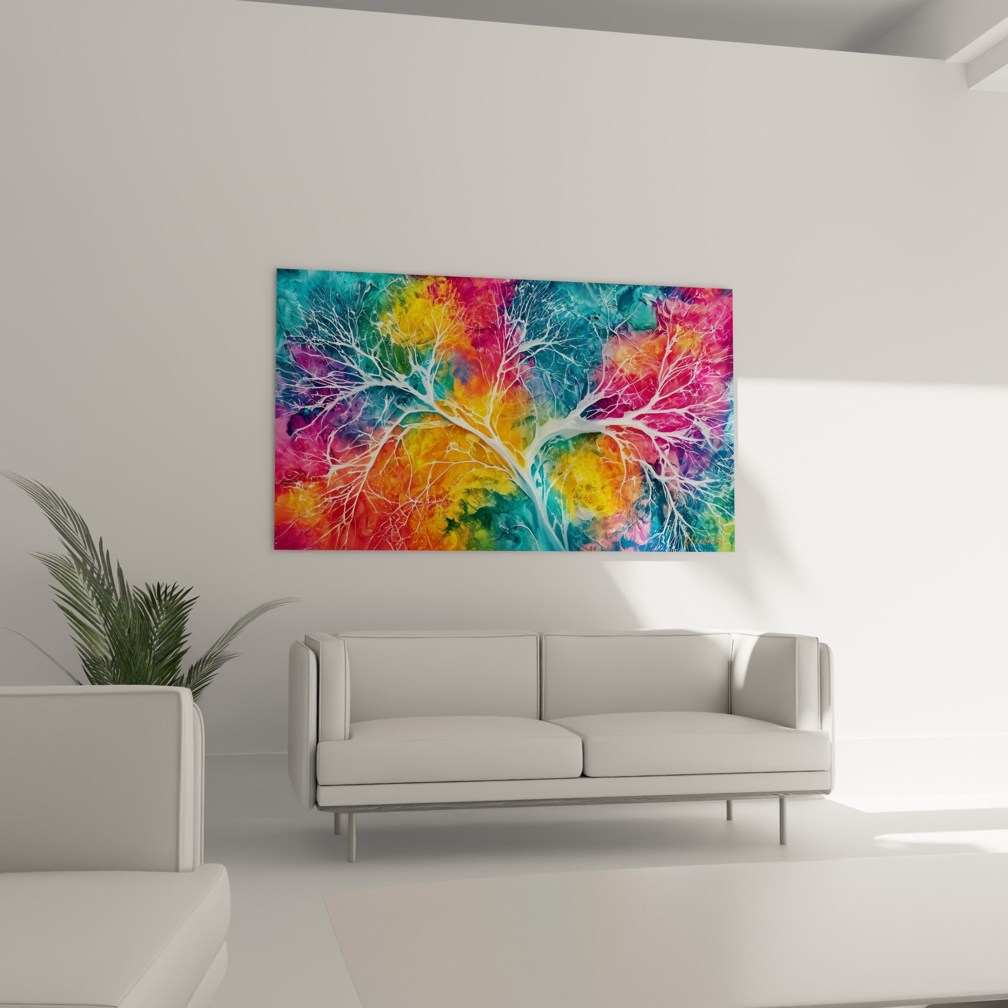 Arbre aux teintes fuchsia et jaune doré, au-dessus d'un canapé dans un salon lumineux