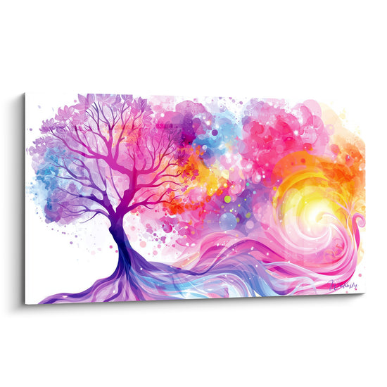 Arbre de vie violet et rose aux racines fluides, tourbillon doré lumineux, style aquarelle vibrant