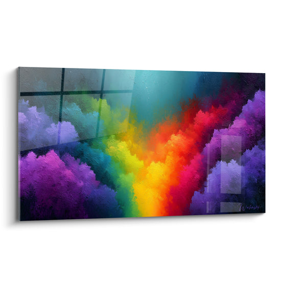 Arc de couleurs violet, doré et turquoise traversant une toile texturée en peinture abstraite