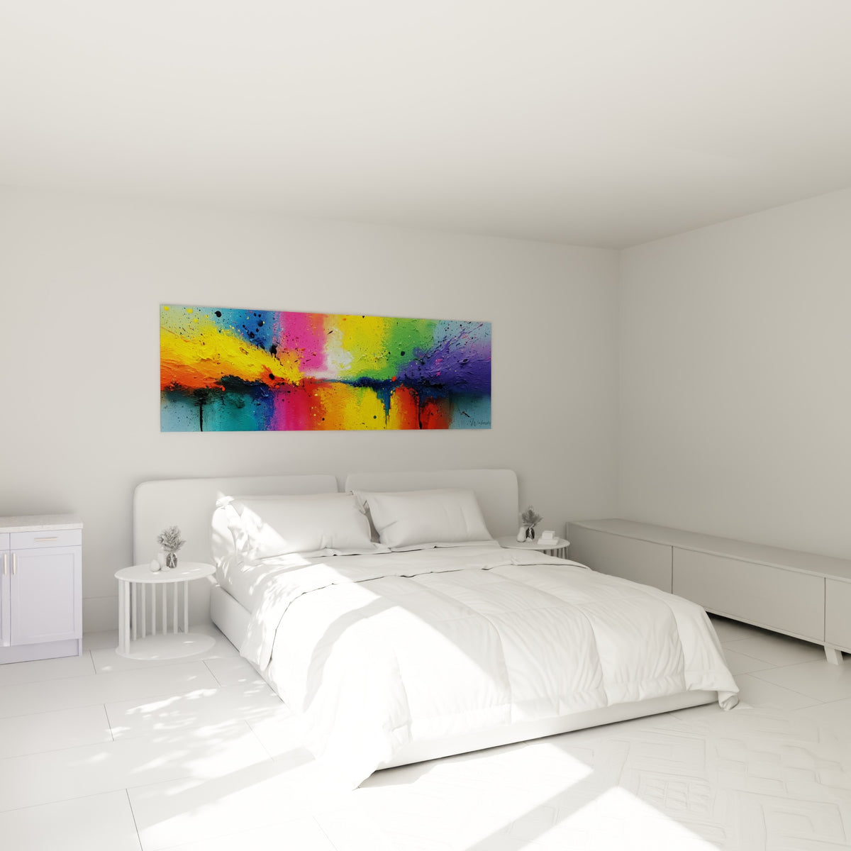 Explosion de teintes turquoise et orange, œuvre multicolore abstraite au-dessus d'un lit dans une chambre claire