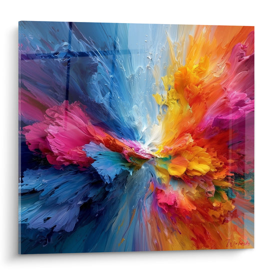 Explosion Multicolore abstrait en bleu profond et orangé vif, empâtements épais et coulures denses