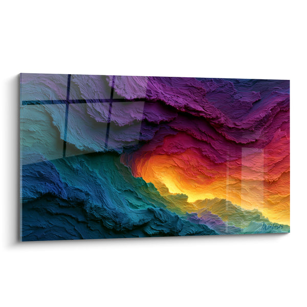 Tableau Vagues de matière violette et turquoise incandescentes - Cratère lumineux central - Edition Multicolore abstrait