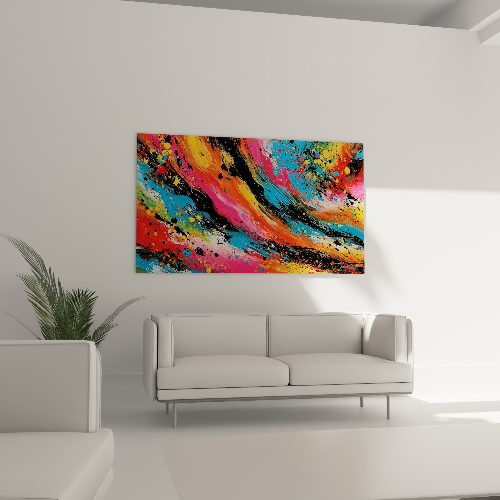 Vagues de bleu turquoise et jaune ocre du tableau multicolore abstrait au-dessus d'un canapé dans un salon lumineux