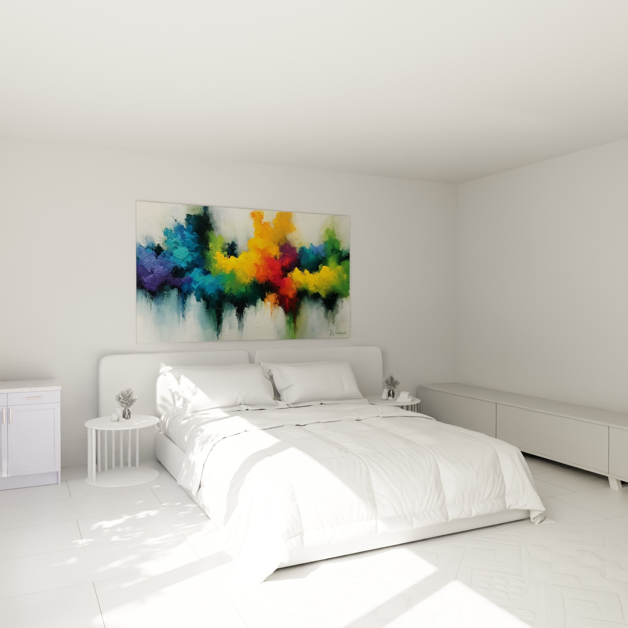 Bouquet chromatique orange et bleu turquoise du Multicolore abstrait, au-dessus d'un lit dans une chambre claire