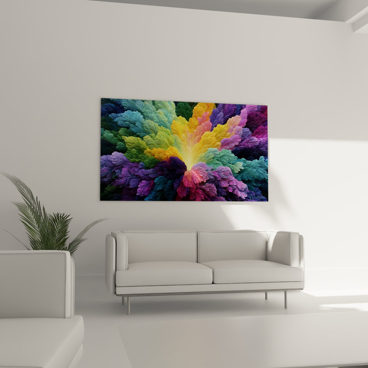 Bouquet abstrait doré et bleu pastel accroché au-dessus d'un canapé dans un salon lumineux
