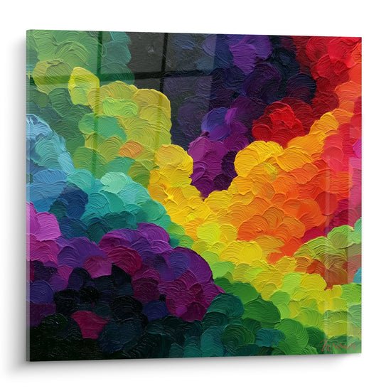 Bouquet abstrait multicolore aux empâtements jaunes, violets et rouges sur fond anthracite quadrillé
