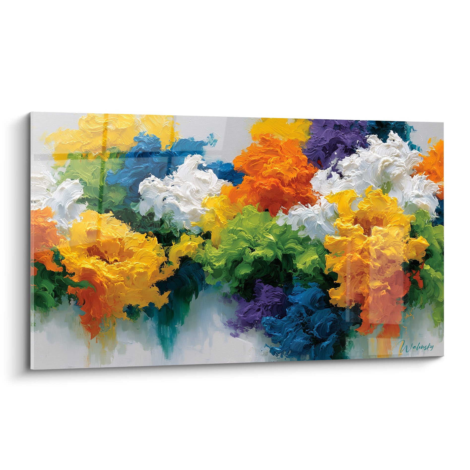 Bouquet floral orange, vert émeraude et bleu marine aux empâtements épais sur fond clair